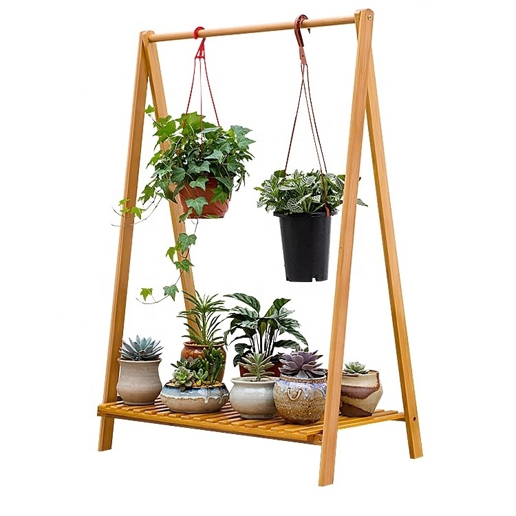 66x38x107cm 1-tier Tall Plant Organizer Rack Hanging Bamboo Plant Stand Shelves