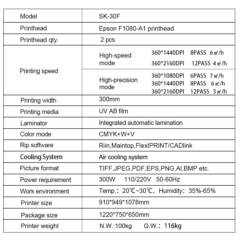 Sunika Business UV DTF Film Printer 30cm Label Machine Epson I1080 1600 3200 Printhead Inkjet Printer A3/A4/A5 Print Dimensions