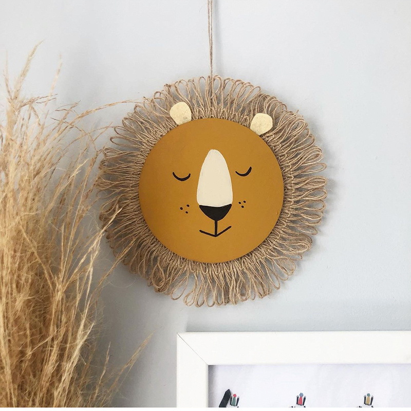 Lovely Room Decor Rustic Design Animal Lion Tiger Face Home Nursery Handmade Straw Wall Hanging Decor