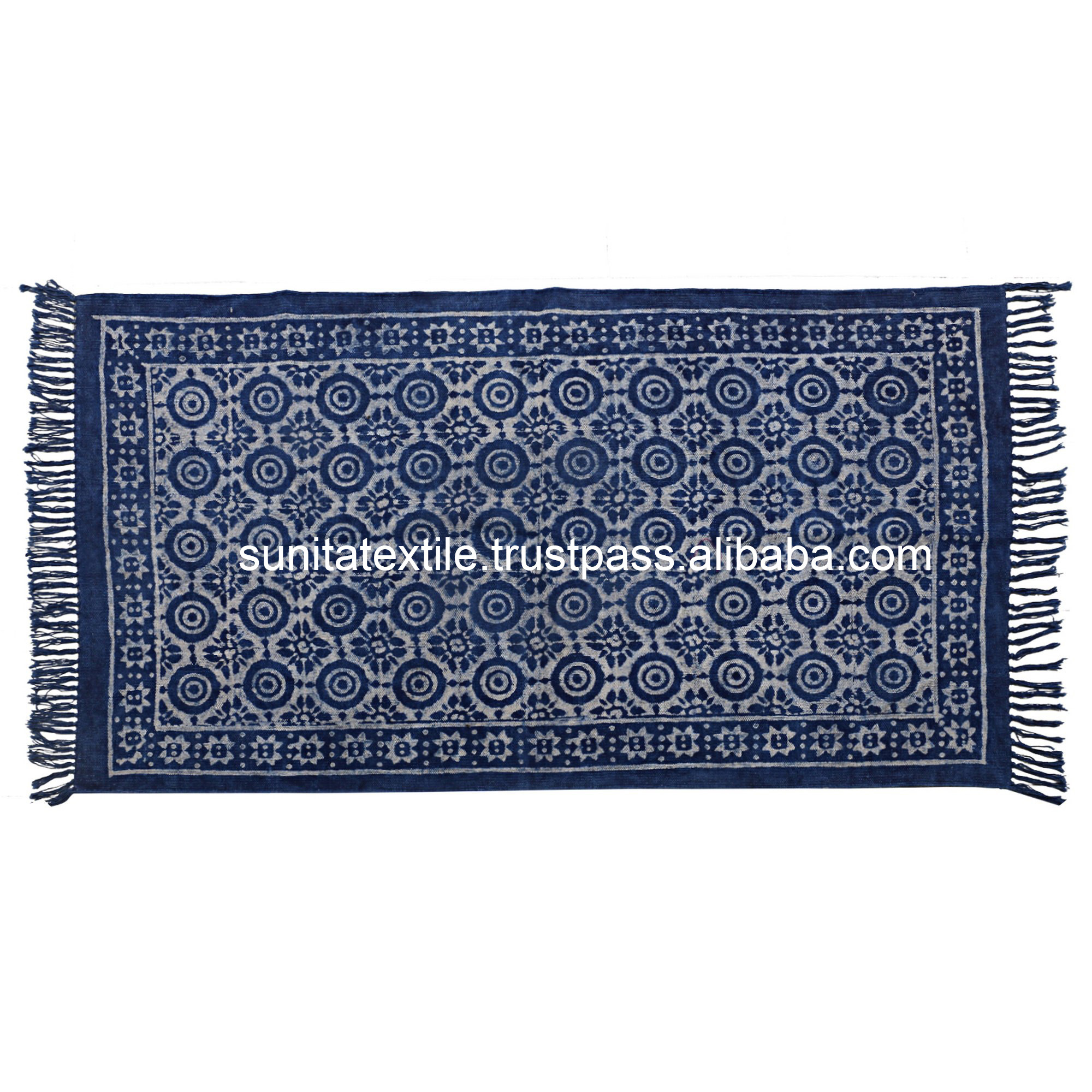 Blue Indigo Indian 100% Organic Cotton Hand Block Printed Mud Cloth Bohemian Area Runner Carpet From India Prayer Beach Yoga Rug