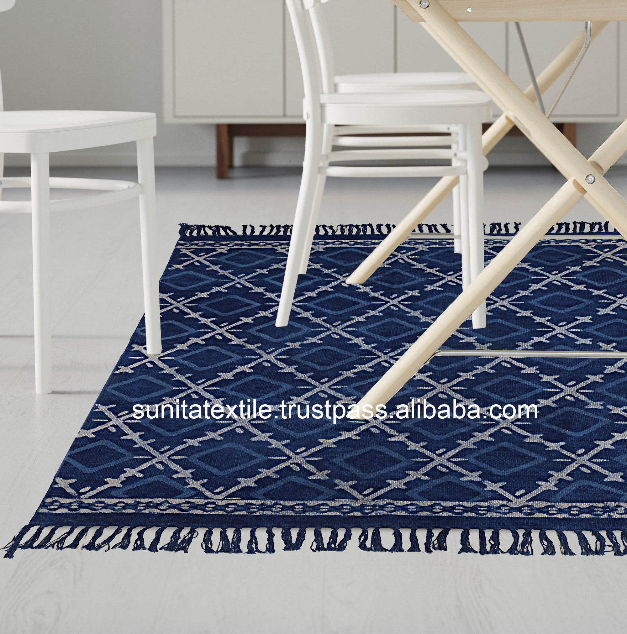 8x10 Feet Factory Price Wholesale 100% Cotton Mudcloth Blue Indigo Indoor Carpet Hand Block Printed Turkish Woven Handloom Rug