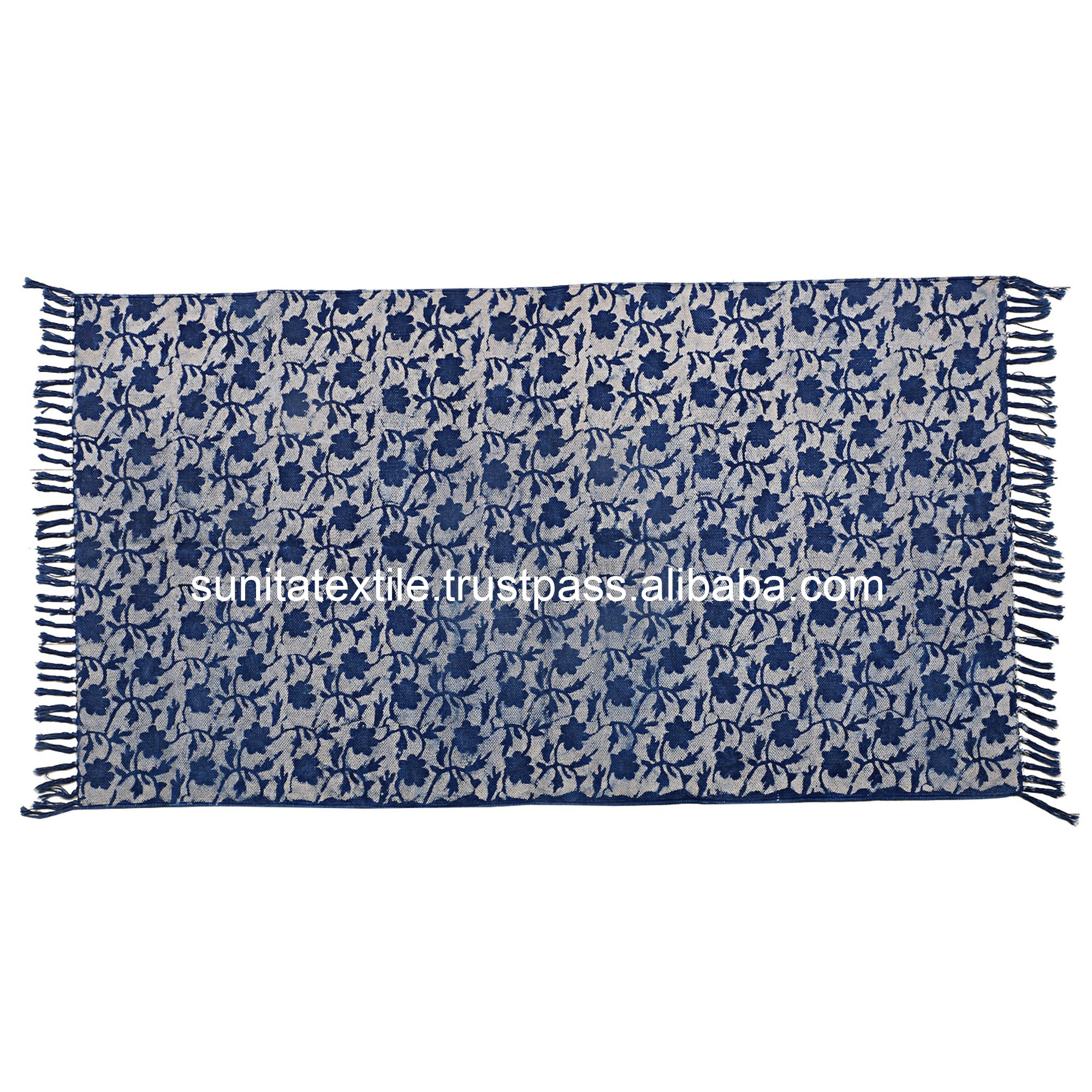 Hand Block Printed Organic Cotton Indigo Blue Pattern Bedroom Area Floor Rugs Ethnic Indian Living Room Carpets Home Decor