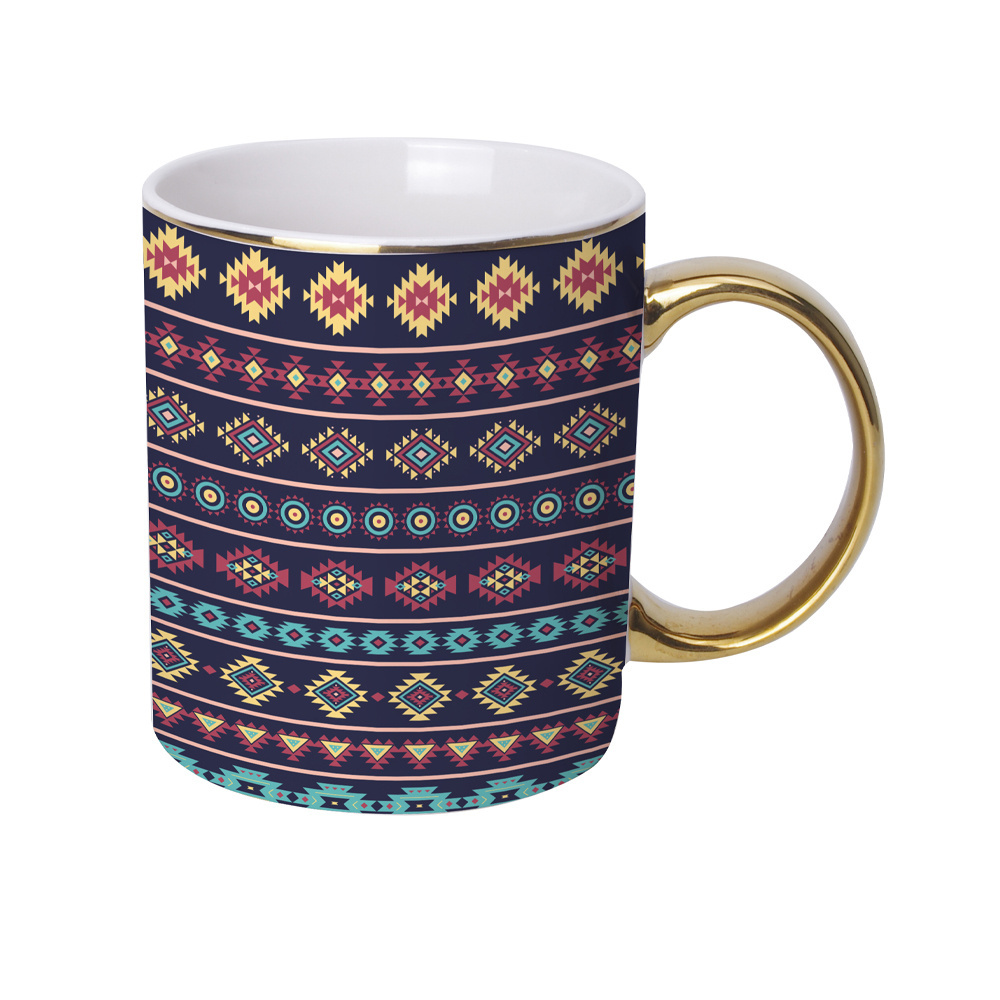 Moroccan geometry bohemian style  breakfast decal for mugs ceramic mugs with gold handle for kitchen dining bar