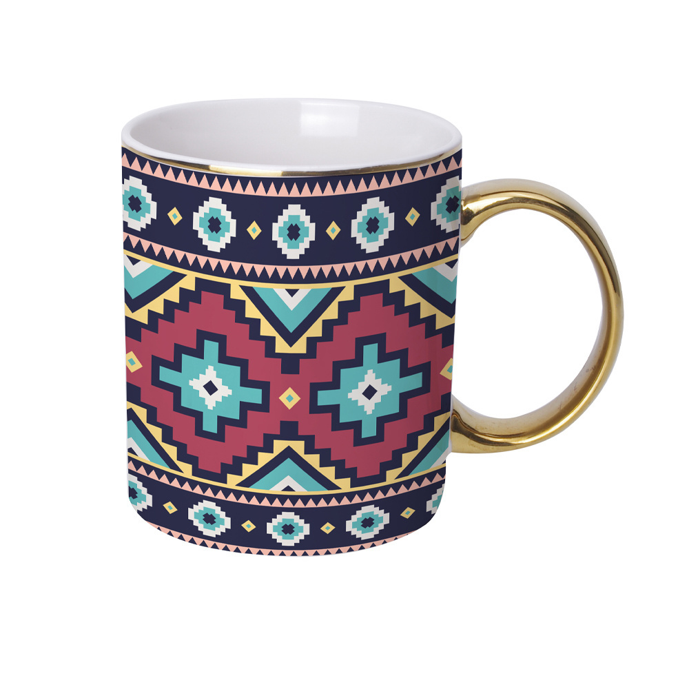 Moroccan geometry bohemian style  breakfast decal for mugs ceramic mugs with gold handle for kitchen dining bar