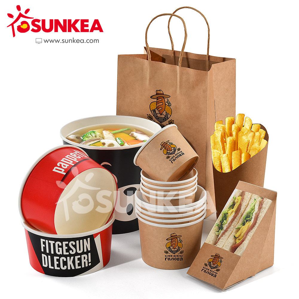 Restaurant take out pizza boxes, salad containers, food containers