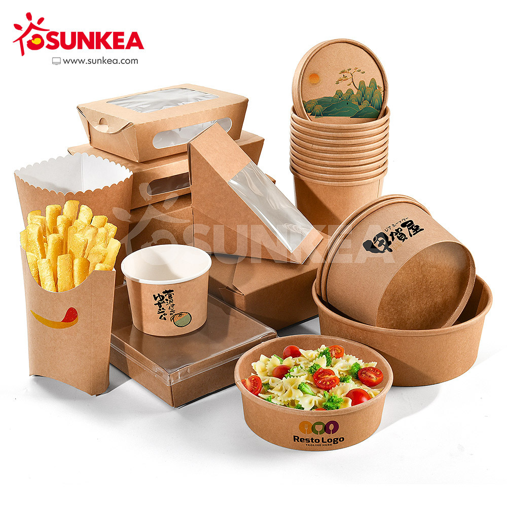 Restaurant take out pizza boxes, salad containers, food containers