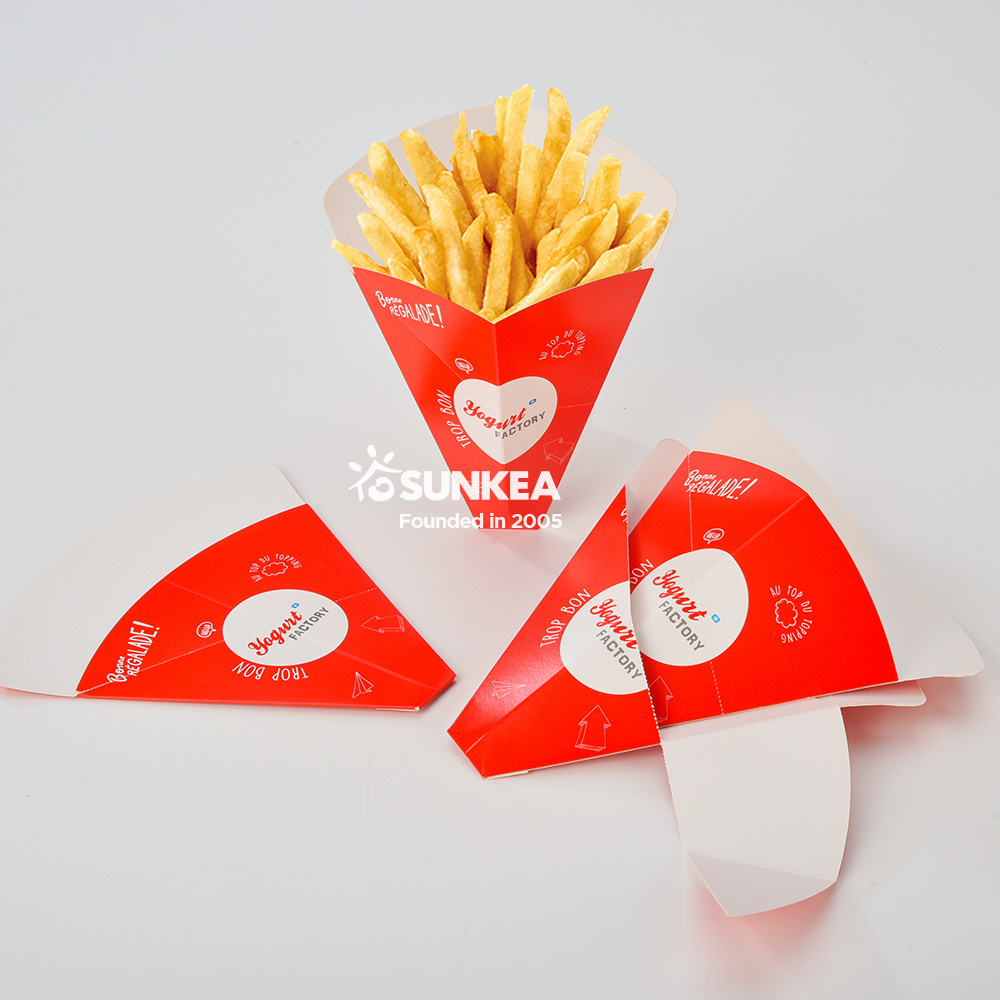 Customized paper chips cone/ Greaseproof triangle snack holder/ Foldable french fries cone