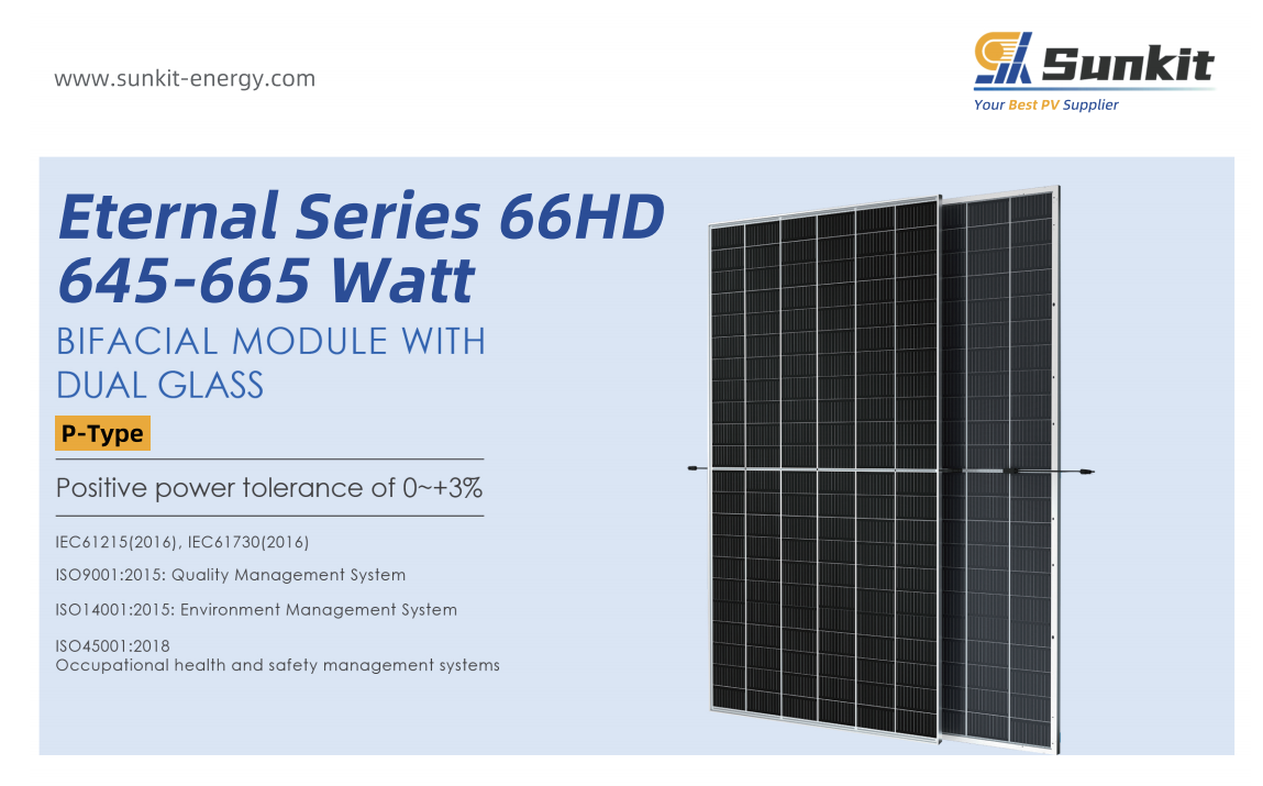 SUNKIT deepblue 4.0  645w 660w 665w Bifacial n type Solar Panel A grade Tier 1 From Factory