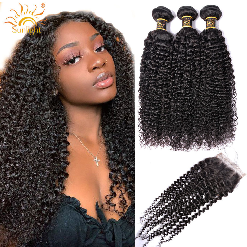 Mongolian Kinky Curly Bundles With Closure 100% Remy Human Hair Bundles With Closure Sunlight mongolian kinky curly hair