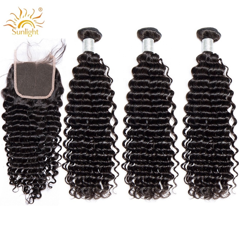 Sunlight 100% Human Hair Peruvian Hair 28  32 30 Inch Deep Wave Bundles with closure 10a deep wave Bundles High Quality