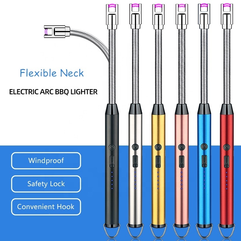 New Long Flexible Electric Arc Lighter Windproof USB Candle Lighter with LED Battery Indicator