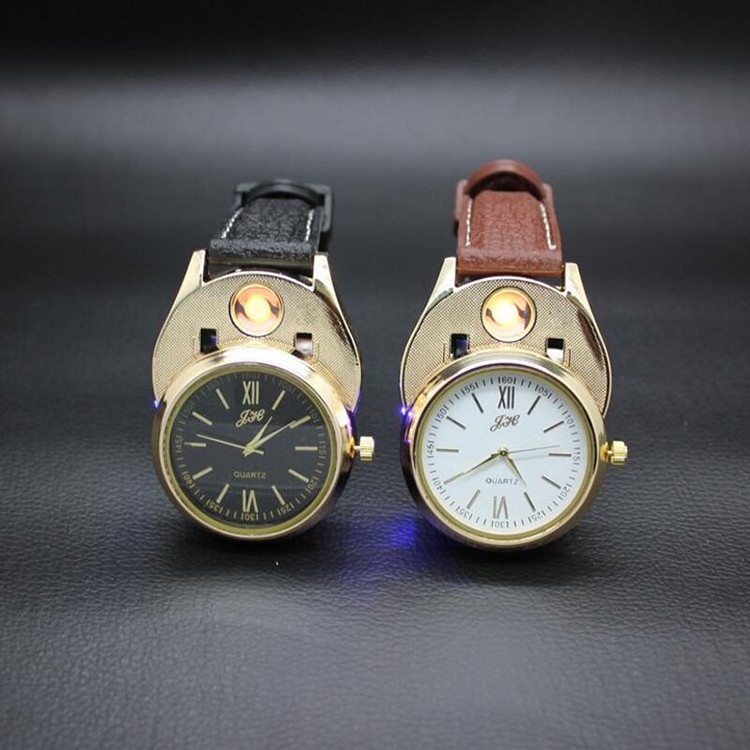 Rechargeable USB Lighter Watch clock Electronic Men's Casual Quartz Wristwatches Windproof Flameless Cigarette Lighter