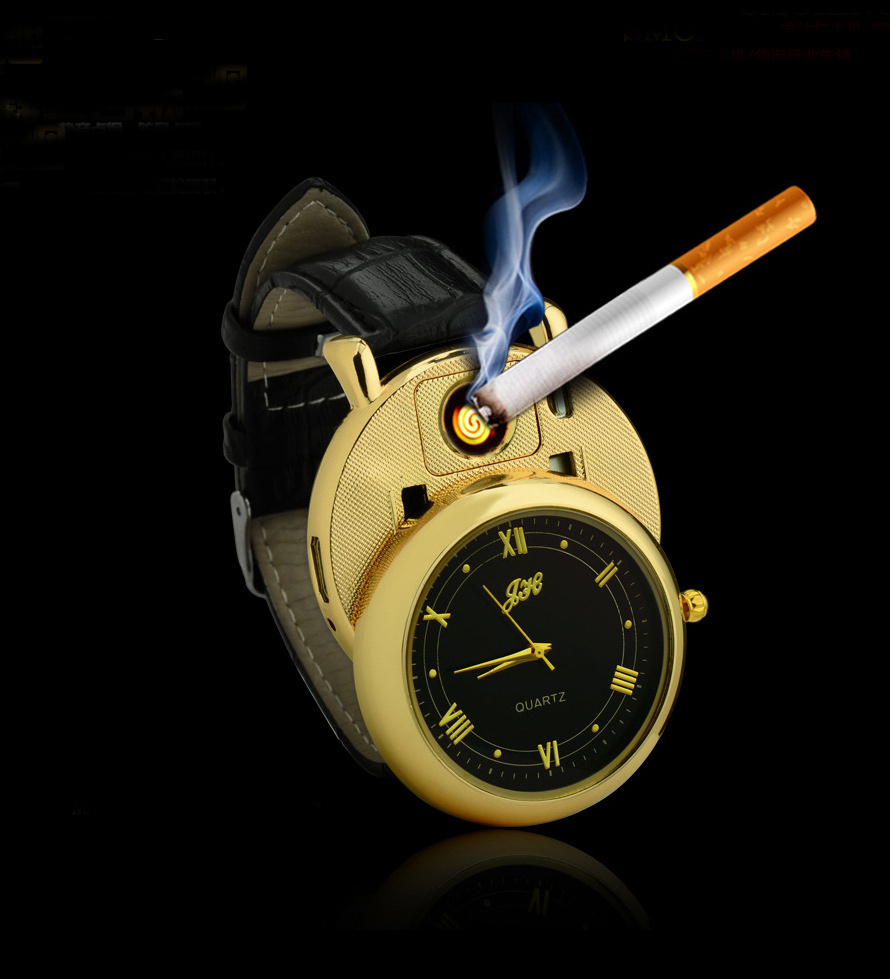 Rechargeable USB Lighter Watch clock Electronic Men's Casual Quartz Wristwatches Windproof Flameless Cigarette Lighter