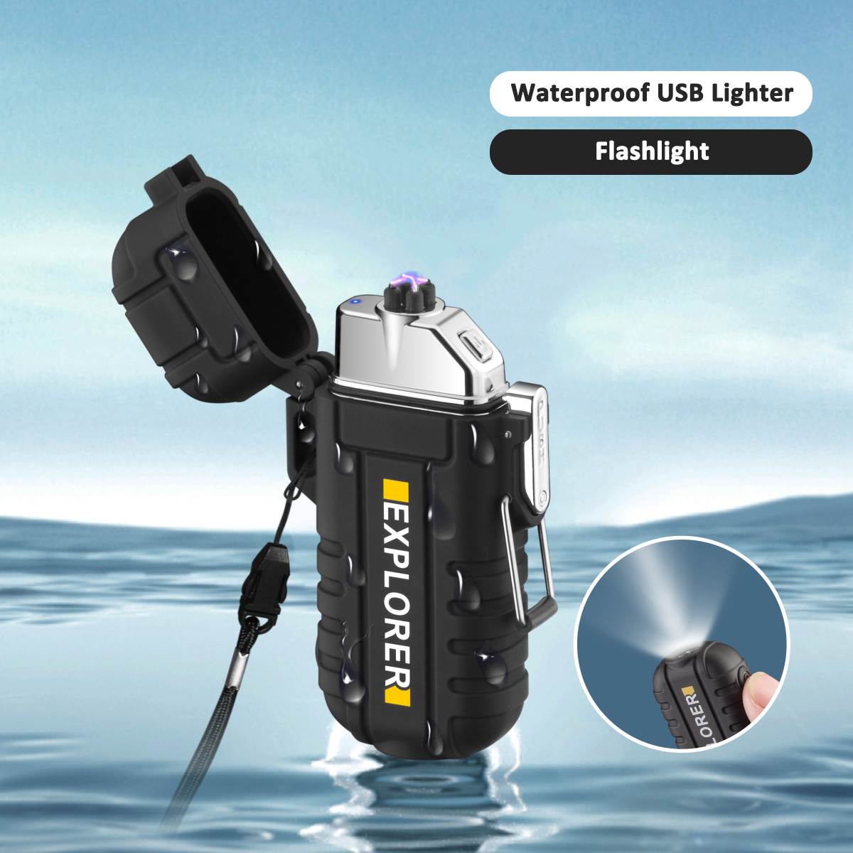 New Outdoor Waterproof USB Lighter Flashlight Rechargeable Electric Lighter Camping Hiking Dual Arc Lighter