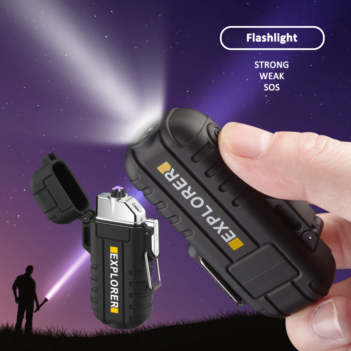 New Outdoor Waterproof USB Lighter Flashlight Rechargeable Electric Lighter Camping Hiking Dual Arc Lighter