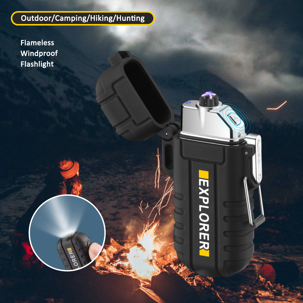 New Outdoor Waterproof USB Lighter Flashlight Rechargeable Electric Lighter Camping Hiking Dual Arc Lighter