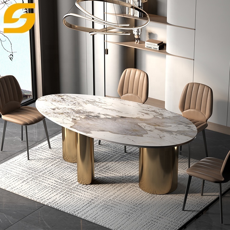 Mexican Furniture French Modern Style Dinning Table Set Kitchen Stainless Steel Base OEM Composite Sintered Stone Dining Table