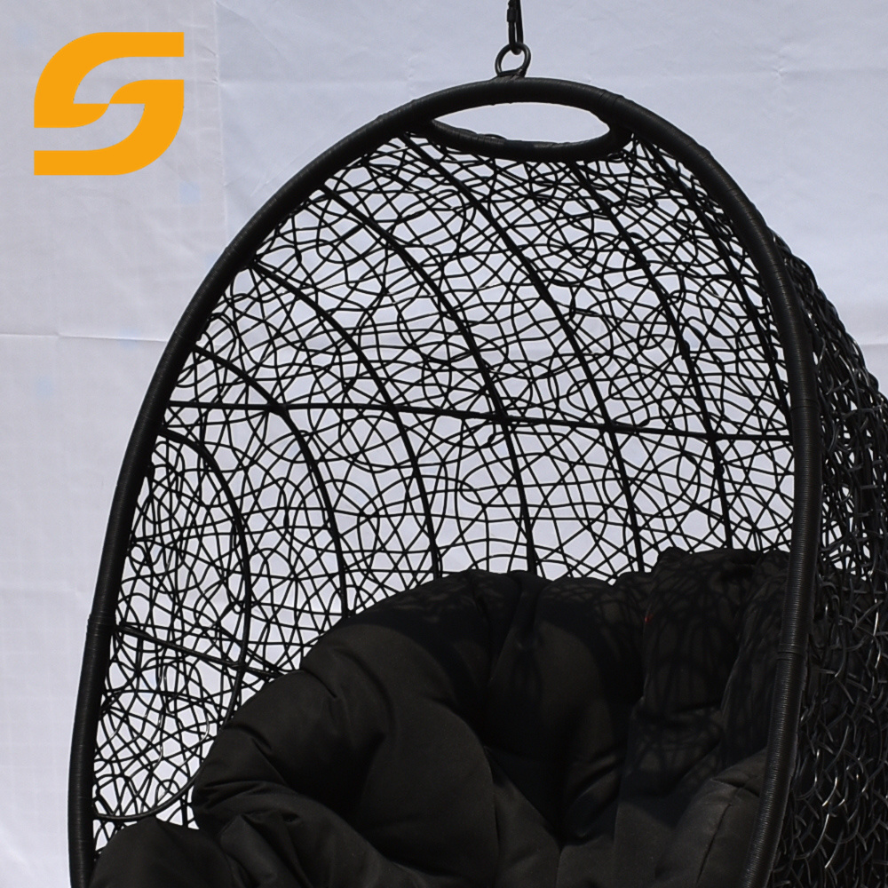 SUNLINK Luxurious Black Pe Rattan Weaving Steel Power Coating Frame Waterproof Cushion Hanging Egg Chair With Stand