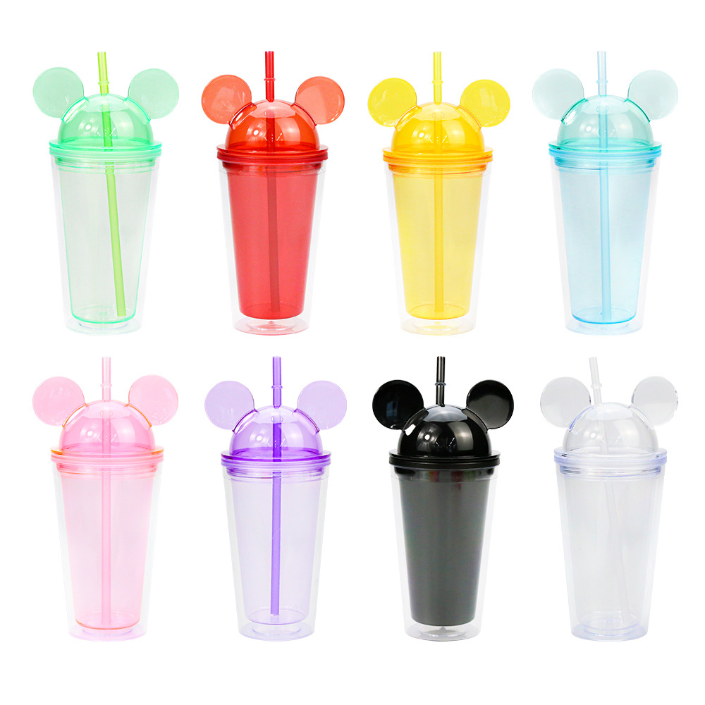 Cute Mouse Ear Tumbler Double Wall Insulated Acrylic Water Tumbler Cup With Straw And Dome Lid