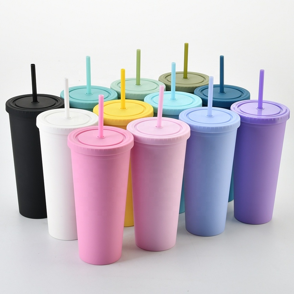 Wholesale Bulk 24 oz Custom Tumbler Cup Logo Black Matte Boba Drink Cup Tumblr Reusable 24oz Plastic Cold Cup With Lid And Straw