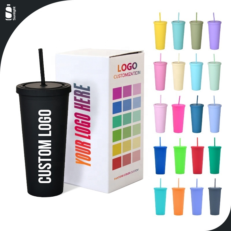 Wholesale Bulk 24 oz Custom Tumbler Cup Logo Black Matte Boba Drink Cup Tumblr Reusable 24oz Plastic Cold Cup With Lid And Straw