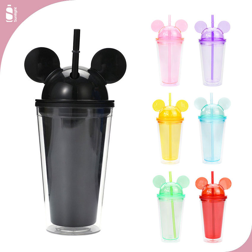 Cute Mouse Ear Tumbler Double Wall Insulated Acrylic Water Tumbler Cup With Straw And Dome Lid