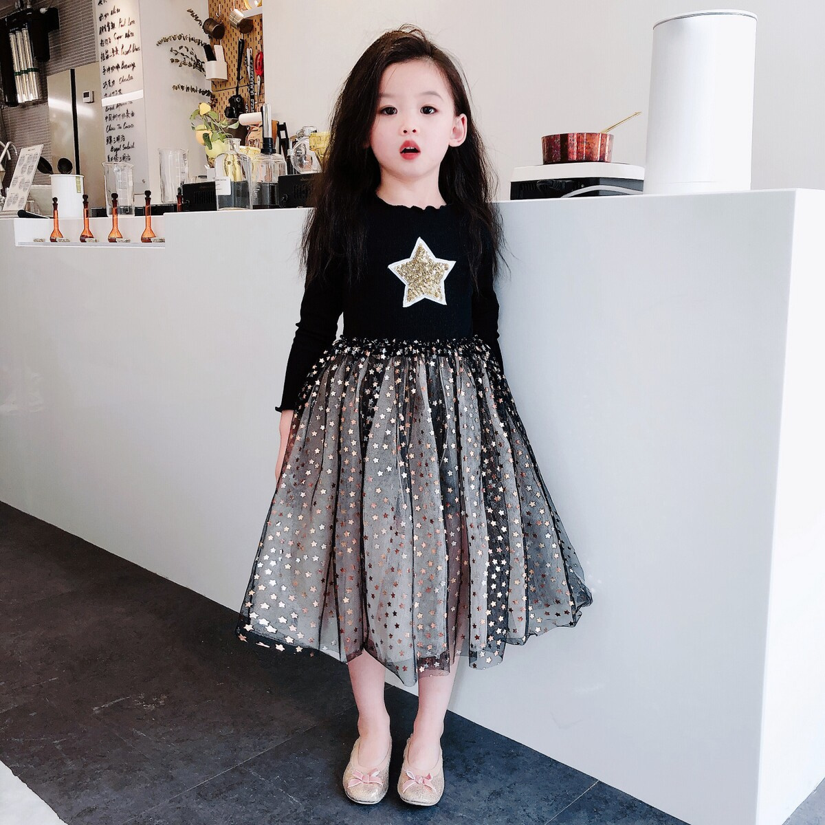 Kids Girls Children Dresses Wholesale Toddler Long Sleeve Shiny Stars Tutu Dress Girl Frocks Tulle Dresses Children Casual Frock