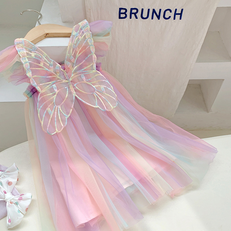 Kids Butterfly Wings Dress for Girls Children Princess Rainbow Tutu Dress Kids Dress Rainbow Toddler Flutter Sleeve Summer Frock