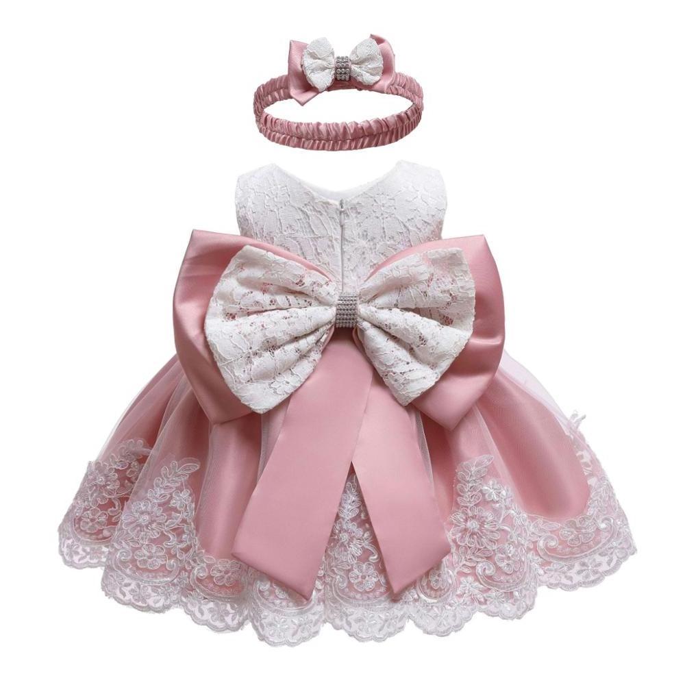 Baby Dress with Bow Newborn Girls Princess Birthday Party Pink Dresses Fancy Frock Wholesale Baby Girl Baptism Gown White Dress