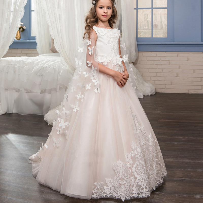 Boutique Wholesale Kids Girls Butterfly Lace Ball Gowns Princess Dress Ruffles Tulle Baby Girl Party Wedding Dresses