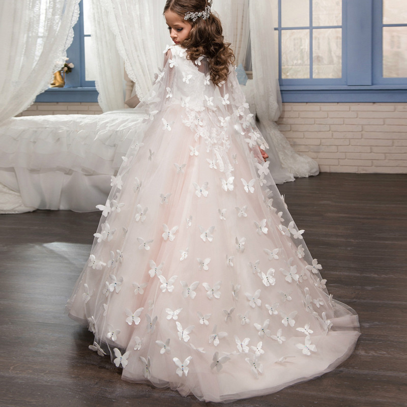 Boutique Wholesale Kids Girls Butterfly Lace Ball Gowns Princess Dress Ruffles Tulle Baby Girl Party Wedding Dresses