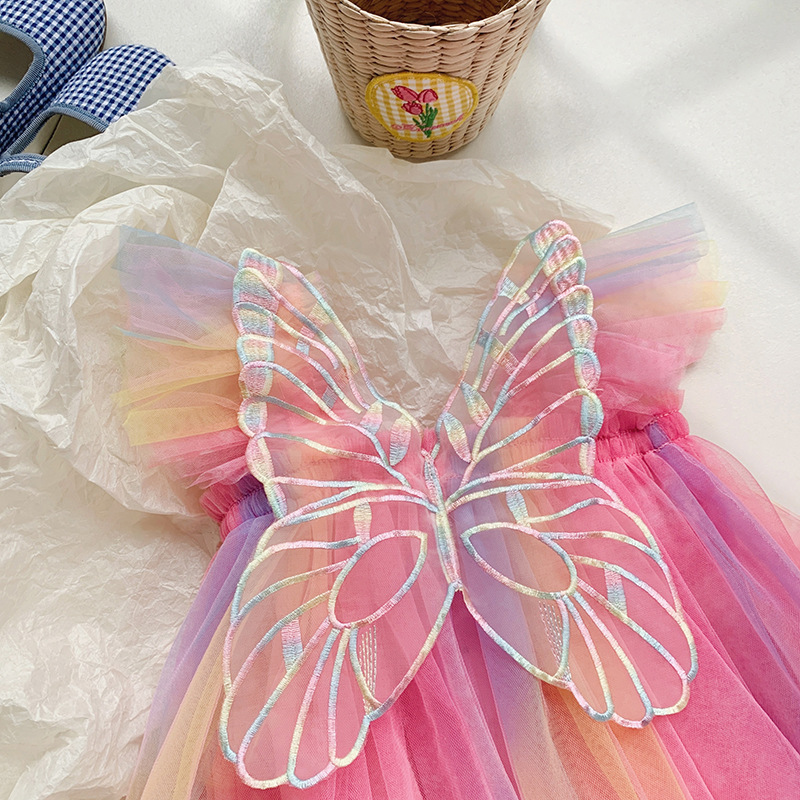 Kids Butterfly Wings Dress for Girls Children Princess Rainbow Tutu Dress Kids Dress Rainbow Toddler Flutter Sleeve Summer Frock