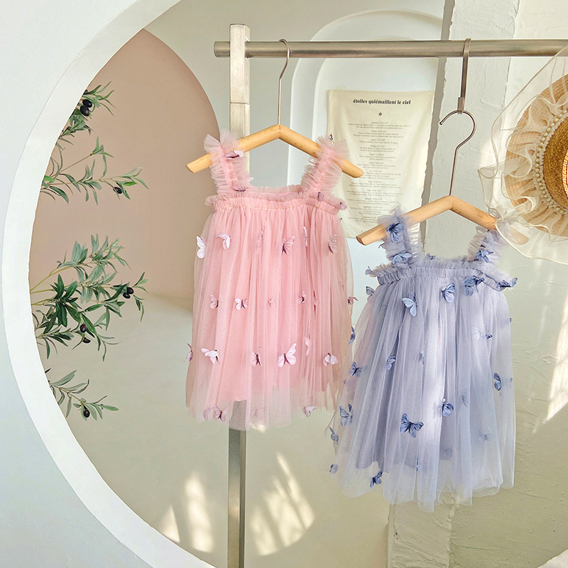 Little Girl Ruffle Dress Kids Butterfly Tutu Dress Butterfly Kids Dress Sleeveless Ruffle Strap Toddler Summer Casual Frocks