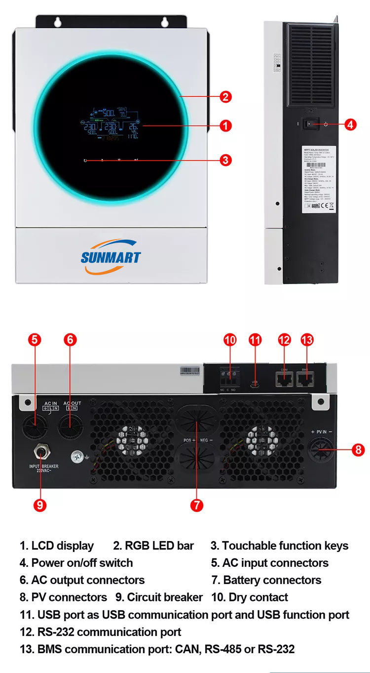 3.6Kw 4kw 48V 5.5Kw 6Kw Off Grid Solar Power System Mppt Charge Controller PV Pure Sine Wave Hybrid Solar Inverter