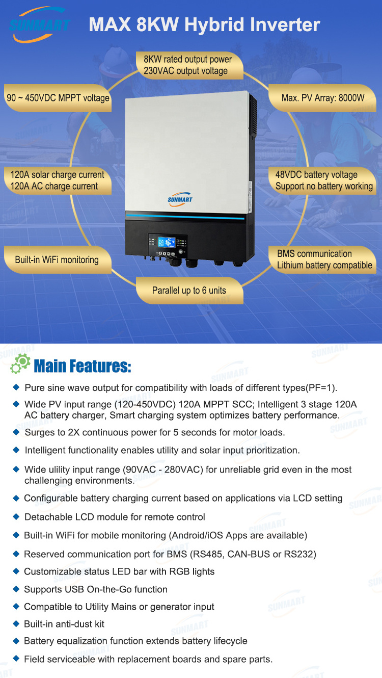 solar inverter 48V 8000 watt  efficient integration with renewable energy sources solar Hybrid Inverter two input interfaces