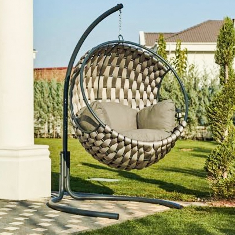 Outdoor Furniture Rope Woven Patio Swing Single Seat Leisure Modern Courtyard Garden Balcony Hanging Swing Egg Chair With Stand