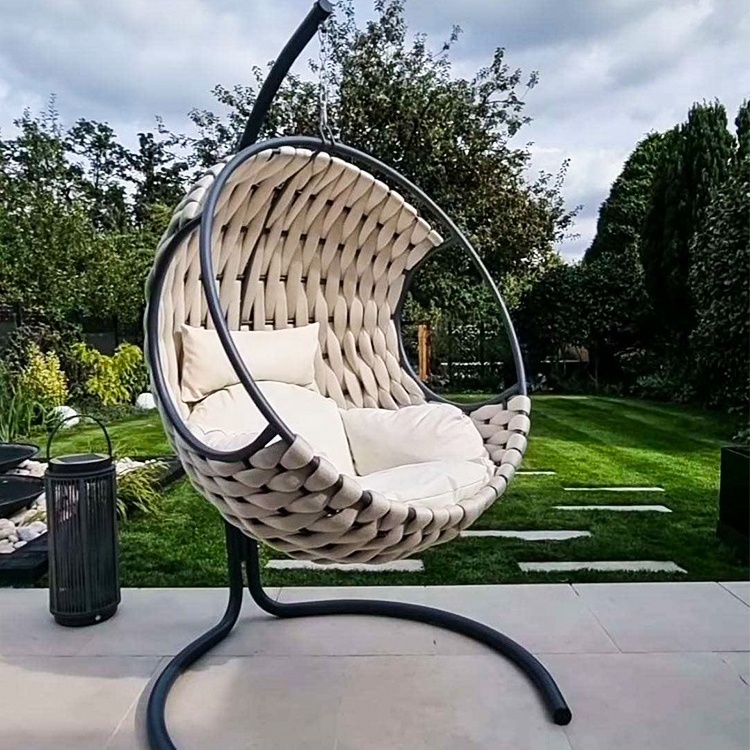 Outdoor Furniture Rope Woven Patio Swing Single Seat Leisure Modern Courtyard Garden Balcony Hanging Swing Egg Chair With Stand