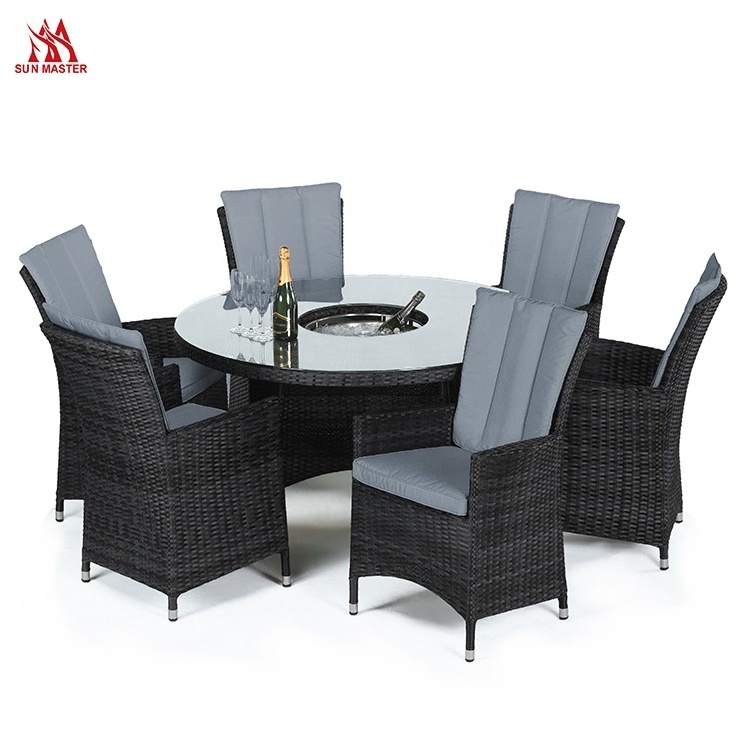 Luxury  Furniture Outdoor Rattan Dining Round Table And Chairs With Ice Bucket Patio Restaurant Hotel Dinner Set For 6-8 Seat