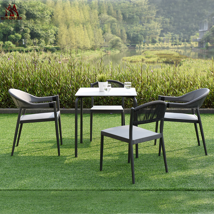 Webbing Outdoor Dining Set Patio Garden Furniture 4-6 Seat Rope Rattan Wicker Aluminum Restaurant Hotel Bistro Chairs And Table