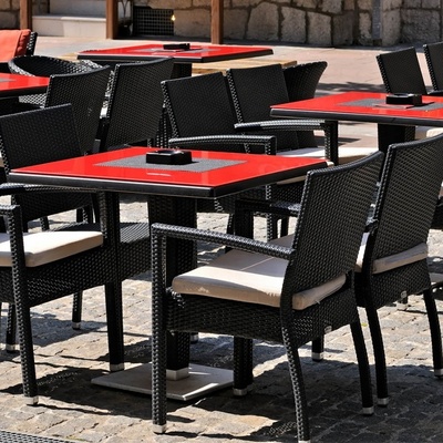 Outdoor Restaurant Furniture Garden Seating Black Rattan Dining Room Bistro Cafe Hotel Patio Balcony Dining Table And Chairs Set