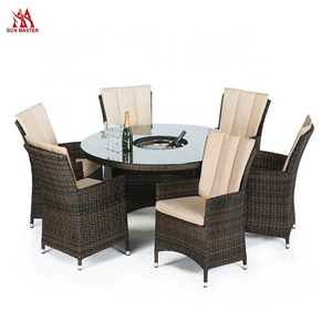 Luxury  Furniture Outdoor Rattan Dining Round Table And Chairs With Ice Bucket Patio Restaurant Hotel Dinner Set For 6-8 Seat