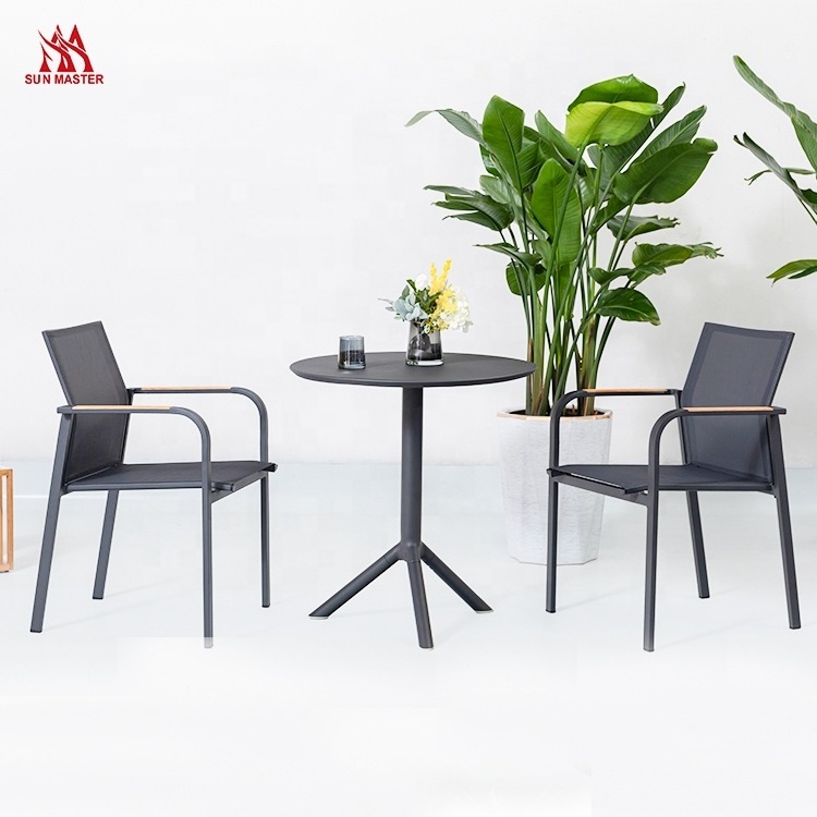 Outdoor Cafe Patio Furniture Aluminum Mesh Garden Set Hotel Restaurant French Bistro Coffee Shop Round Black Table And 2 Chairs