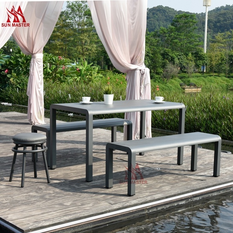 Outdoor Hotel Restaurant Dining Table With Bench Chair Multicolor Aluminum Banquet Garden Patio Bench Long Table Furniture Set