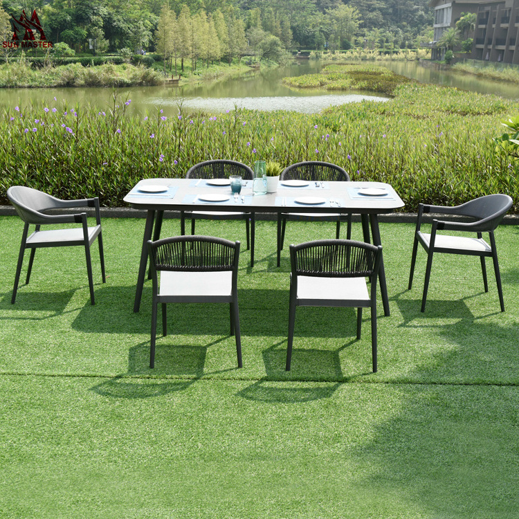 Webbing Outdoor Dining Set Patio Garden Furniture 4-6 Seat Rope Rattan Wicker Aluminum Restaurant Hotel Bistro Chairs And Table