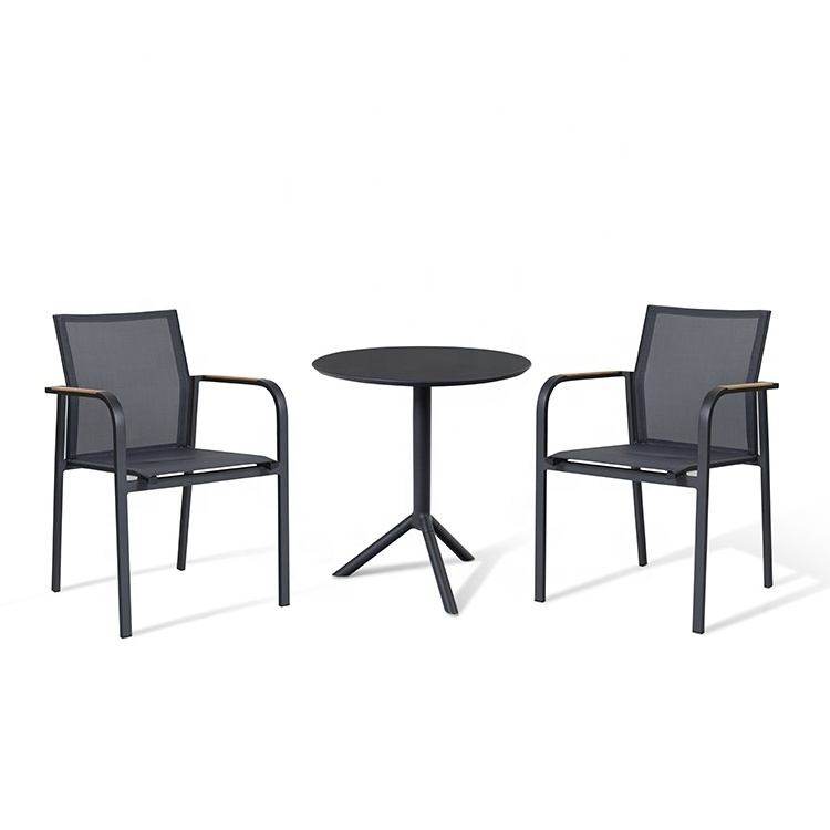 Outdoor Cafe Patio Furniture Aluminum Mesh Garden Set Hotel Restaurant French Bistro Coffee Shop Round Black Table And 2 Chairs