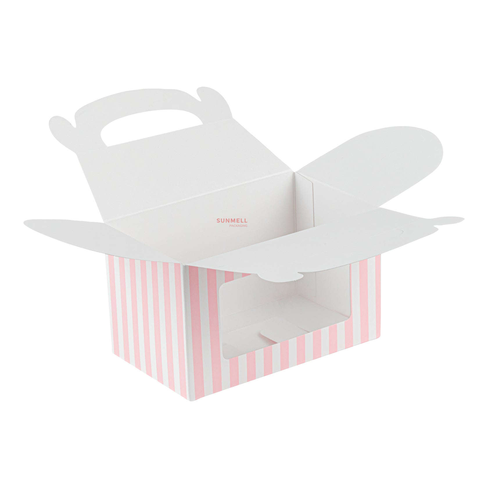 Custom Printed Clear Large White Pink Stripe Gable Boxes With Window Handles