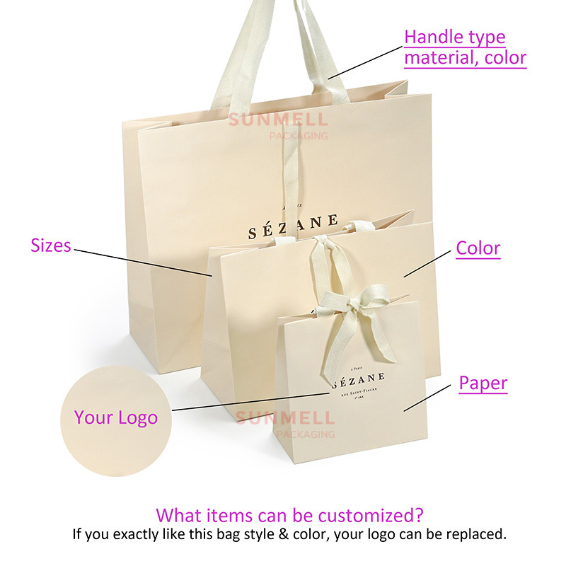 Custom Recycled Ivory Clothes Packaging Gift Bag With Ribbon Handle Luxury Cream Beige Shopping Paper Bags With Your Own Logo