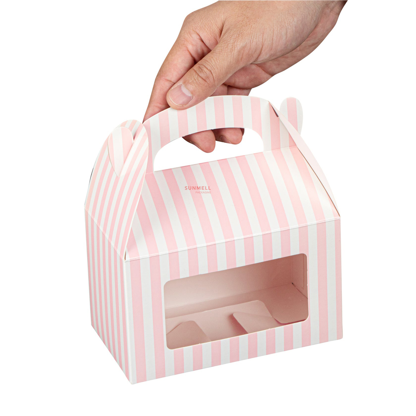 Custom Printed Clear Large White Pink Stripe Gable Boxes With Window Handles