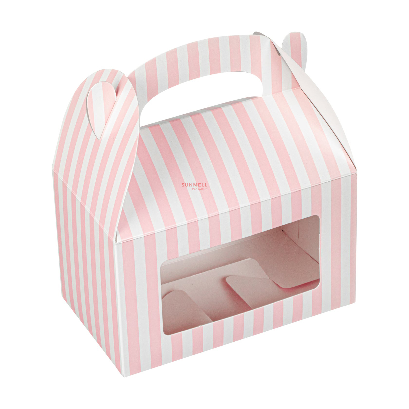 Custom Printed Clear Large White Pink Stripe Gable Boxes With Window Handles