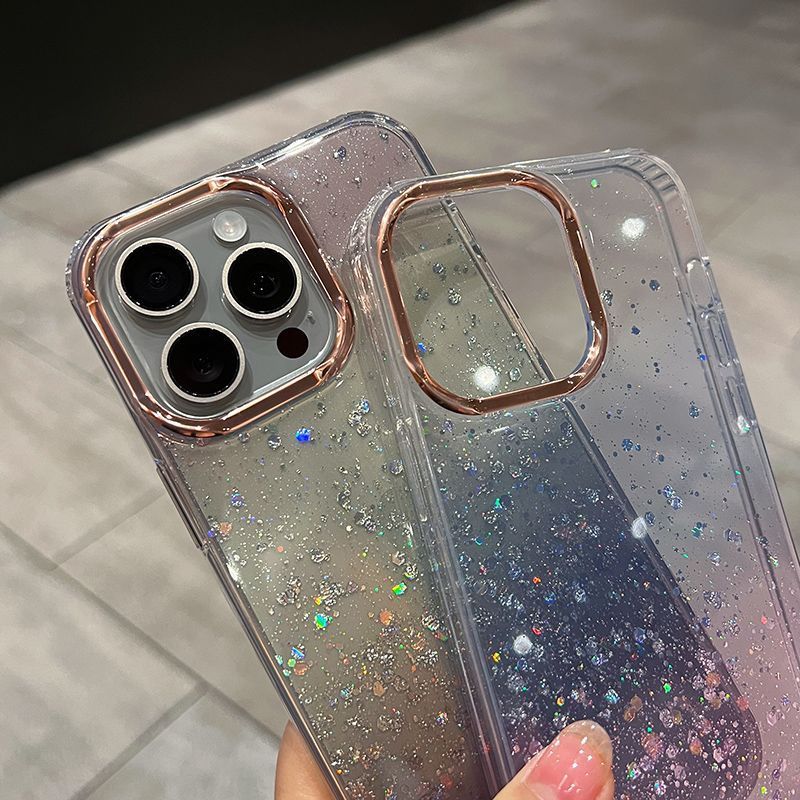 Luxury Gradient Glitter New Fashion Case For iPhone 15 Pro 14 13 Hollow Electroplating Camera Mobile Phone Transparent Cover